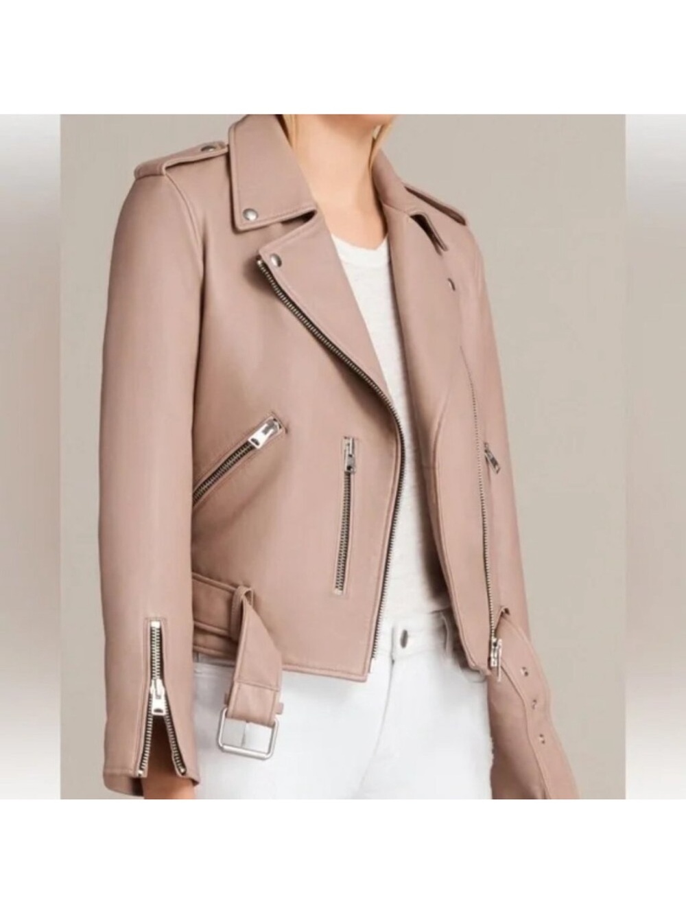 AllSaints Women's Leather Moto Jacket in Dusty Pink - Picture 2 of 4